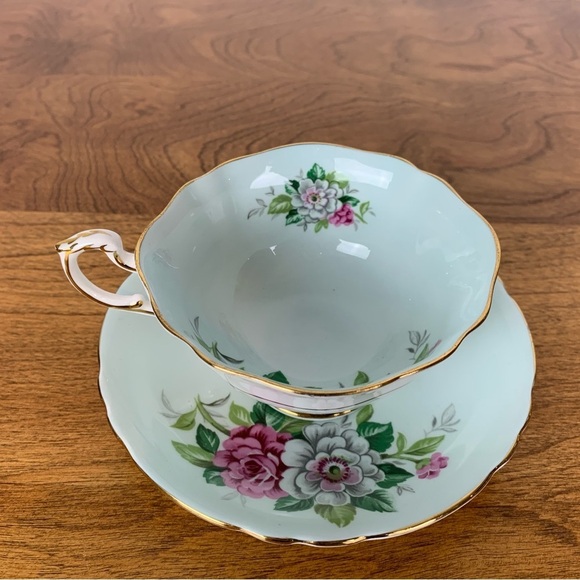 Paragon Teacup Saucer Set Mint Green Red White Roses Single Warrant Bone China - Picture 7 of 15